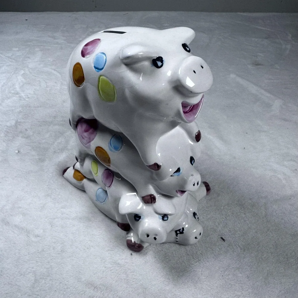 Ceramic Piggy Coin Bank Stacked Three Pigs Colorful Polka Dot White Taiwan